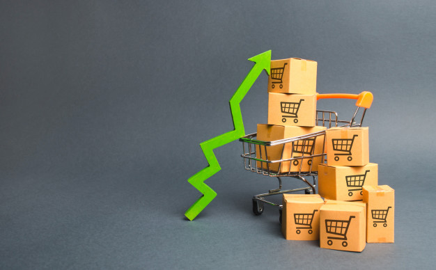 shopping cart with cardboard boxes with pattern trading carts green up arrow 72572 1040 1