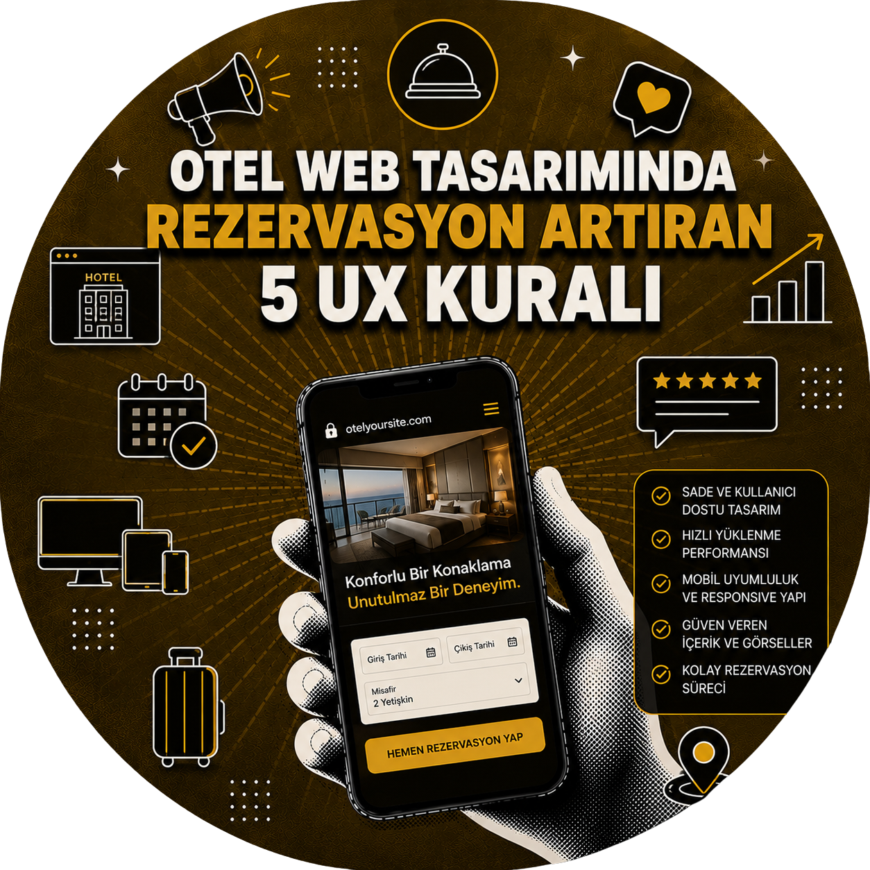 Otel web sitesi nasıl olmalı: mobil ve masaüstünde rezervasyon akışı, oda görselleri ve güven sinyalleriyle direkt rezervasyonu artıran arayüz