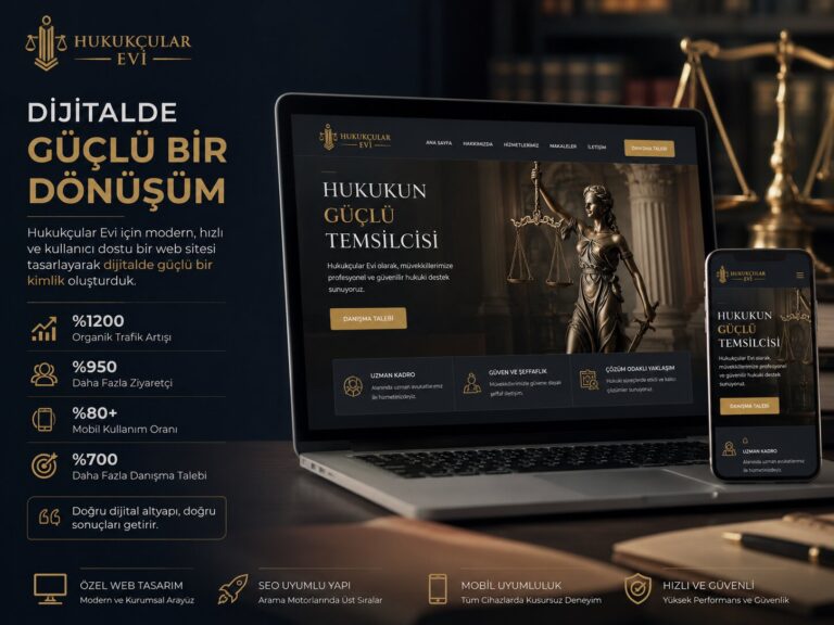 Hukukçular Evi web sitesi tasarımı: masaüstü ve mobil görünümüyle TBB kurallarına uygun kurumsal hukuk bürosu arayüzü ve dijital dönüşüm sonuçları