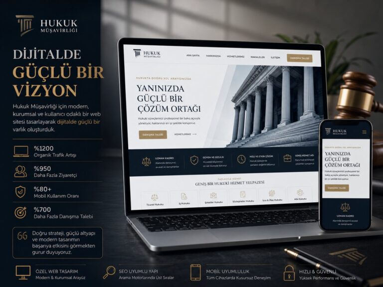 Hukuk Müşavirliği web sitesi tasarımı: masaüstü ve mobil görünümüyle geniş hizmet yelpazesini sunan kurumsal arayüz ve dijital dönüşüm sonuçları