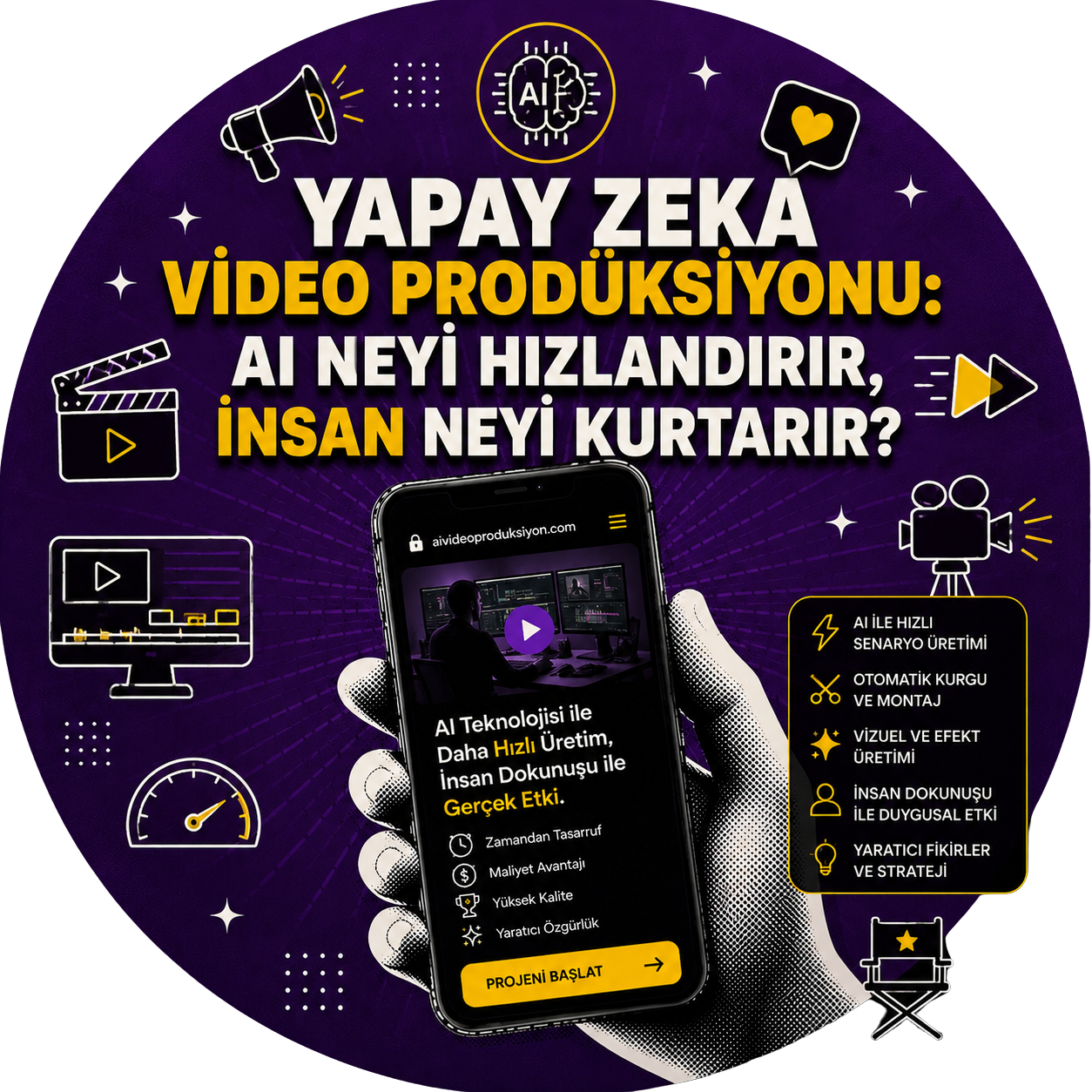 Yapay zeka video prodüksiyonu: AI ile üretilen sahnelerin storyboard, seslendirme ve kurgu aşamalarında insan yönetmenliğiyle birleştiği hibrit iş akışı